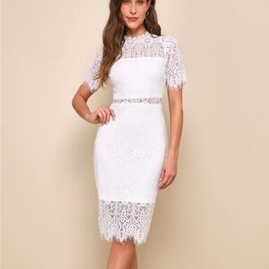 Lulu’s NWT Elegant White Midi Dress with Mock Neck and Flutter Sleeves